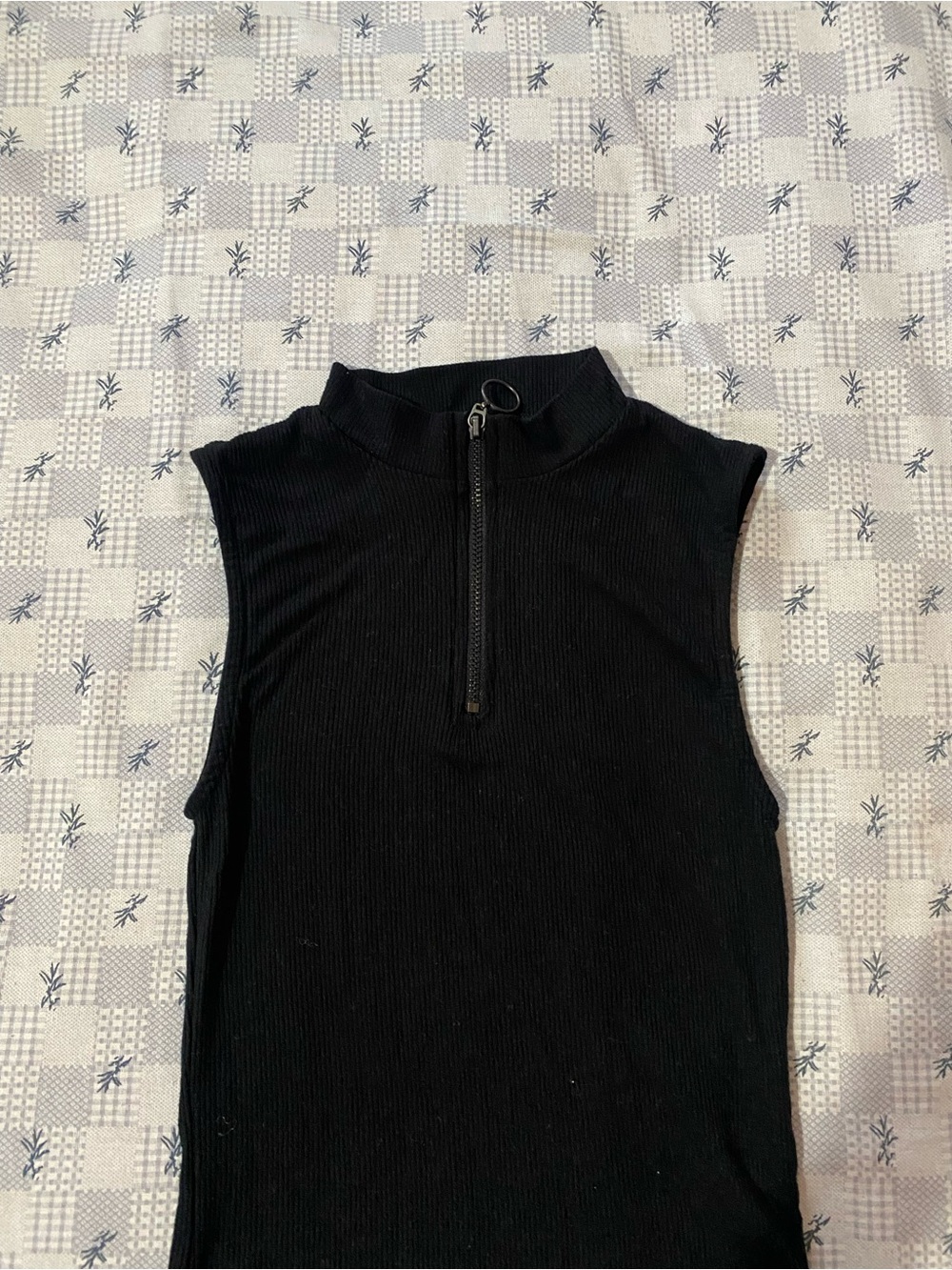 Garage Black Ribbed Sleeveless Mock Neck Tank with Zip